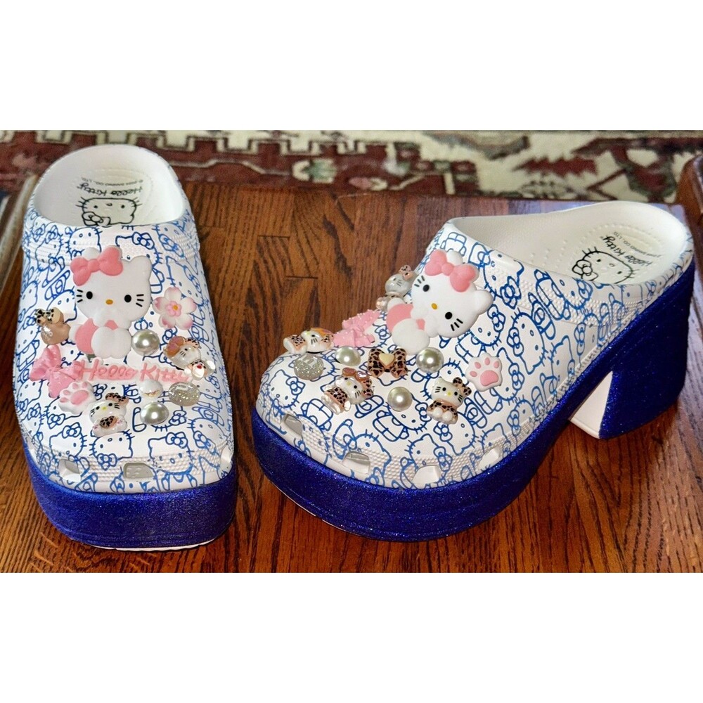 Crocs Siren embellished Hello Kitty jibbitz Platform Clog In blue and white W9